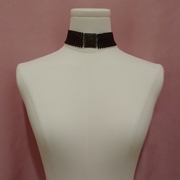 Brown Beaded Choker with Metal Centerpiece and Rhinestones - Picture 3 of 9